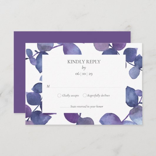 Paarse Blauwe Eucalyptus Bladeren Bloemstuk RSVP (Voorkant / Achterkant)