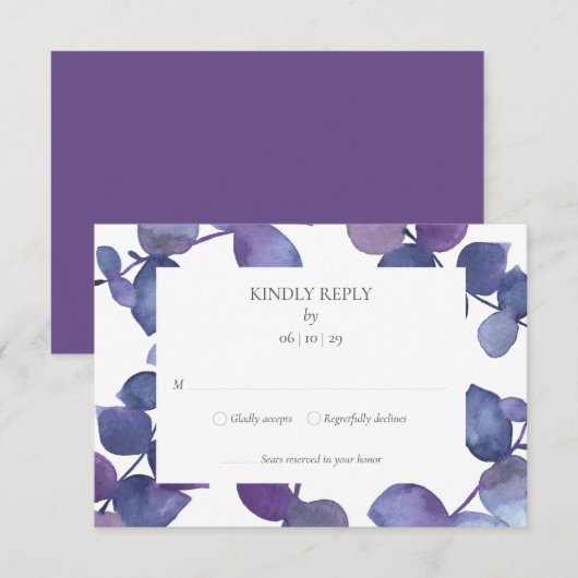 Paarse blauwe eucalyptusbladeren Floral RSVP (Voorkant / Achterkant)