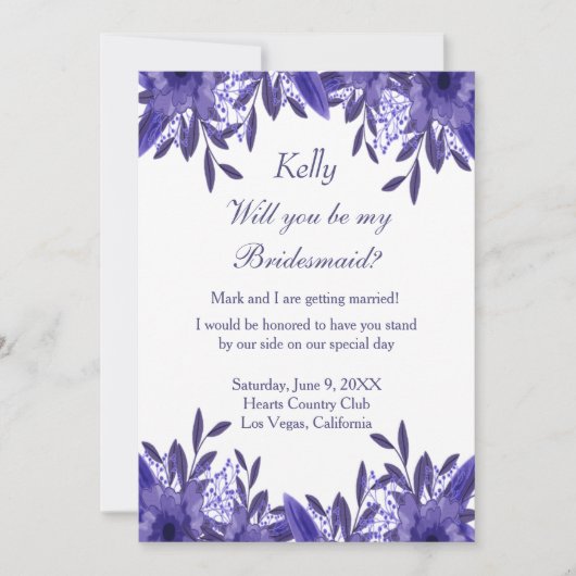 Paarse Blauwe Floral Foliage Bridesmaid Kaart (Voorkant)