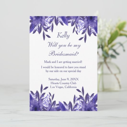 Paarse Blauwe Floral Foliage Bridesmaid Kaart (Staand voorkant)