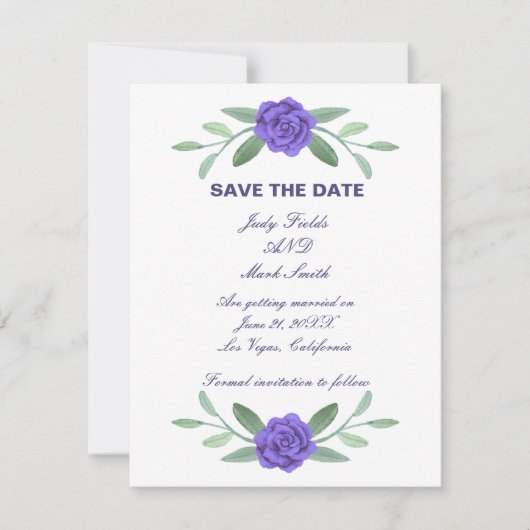 Paarse Blauwe Floral Greenery Foliage Save the Dat Aankondiging (Voorkant)