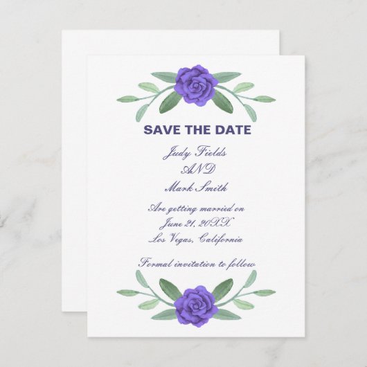 Paarse Blauwe Floral Greenery Foliage Save the Dat Aankondiging (Voorkant / Achterkant)