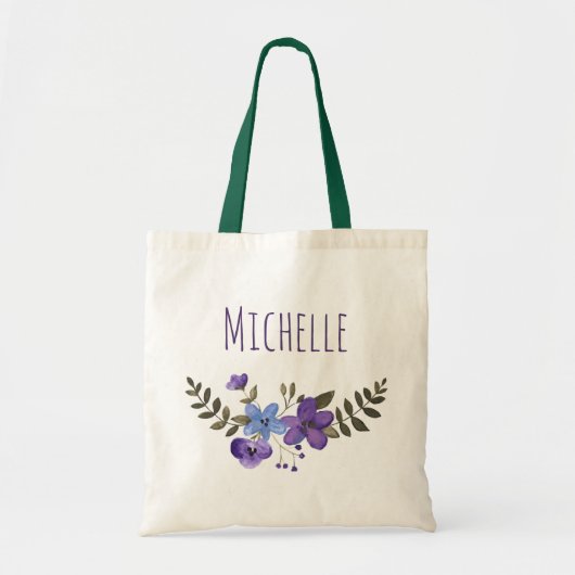 Paarse Blauwe Floral met naam Tote Bag (Voorkant)