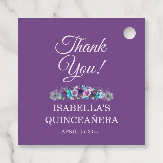 Paarse Blauwe Floral Quinceañera 15e Dank u wel Bedankjes Labels (Achterkant)