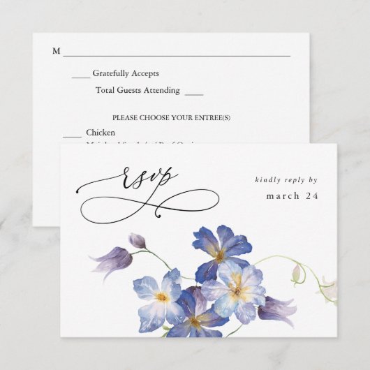 Paarse Blauwe Floral w Meal RSVP (Voorkant / Achterkant)