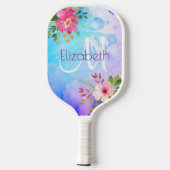 Paarse Blauwe Floral Waterverf Chic Modern Monogra Pickleball Paddle (Achterkant)
