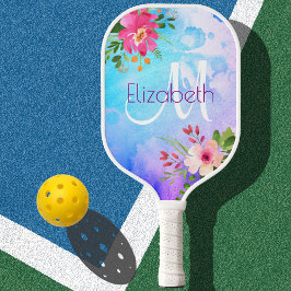 Paarse Blauwe Floral Waterverf Chic Modern Monogra Pickleball Paddle