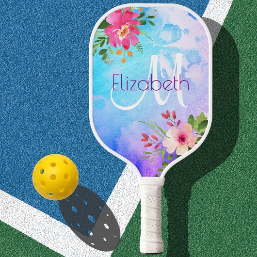 Paarse Blauwe Floral Waterverf Chic Modern Monogra Pickleball Paddle