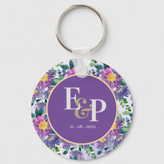  Paarse Blauwe Florals Monogram Weddenschap Favor Sleutelhanger (Voorkant)