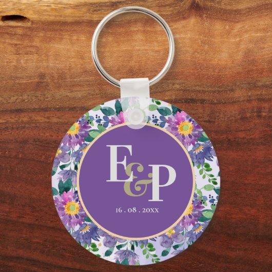  Paarse Blauwe Florals Monogram Weddenschap Favor Sleutelhanger (Voorkant)