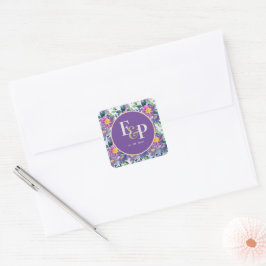 Paarse Blauwe Florals Monogram Weddenschap Vierkante Sticker