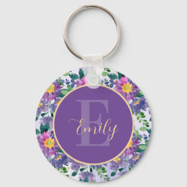 Paarse Blauwe Florals Naam Monogram Sleutelhanger