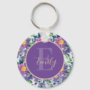 Paarse Blauwe Florals Naam Monogram Sleutelhanger