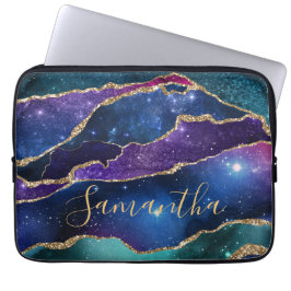 Paarse & Blauwe Galaxy Agate met nepgoudglitter Laptop Sleeve