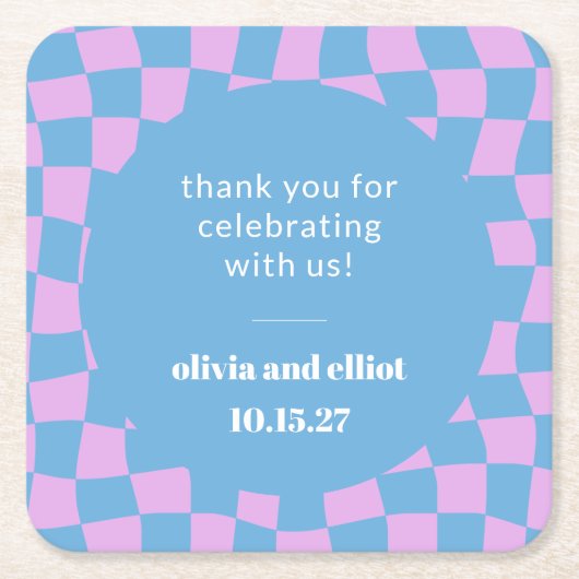 Paarse Blauwe Geruite Retro Custom Couples Douche Kartonnen Onderzetters (Voorkant)