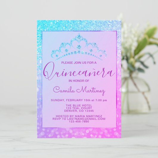 Paarse - Blauwe Girly Glitter Sparkle Quinceanera Kaart (Staand voorkant)