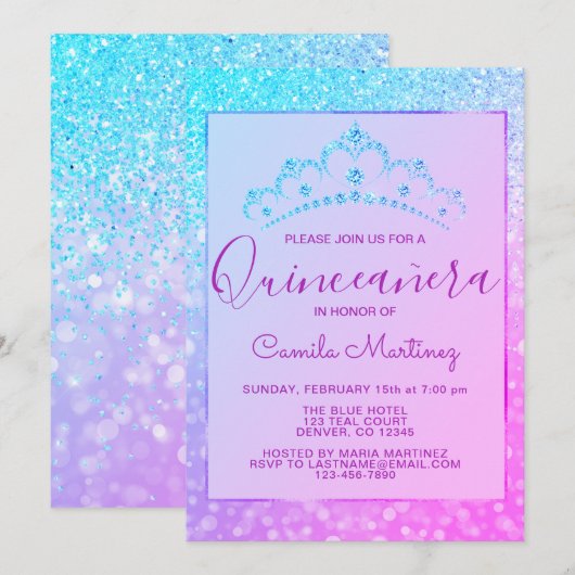 Paarse - Blauwe Girly Glitter Sparkle Quinceanera Kaart (Voorkant / Achterkant)