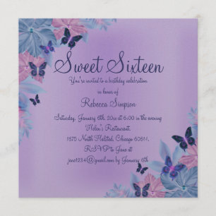 Paarse & Blauwe Glans Vlinder Sweet 16 Uitnodiging