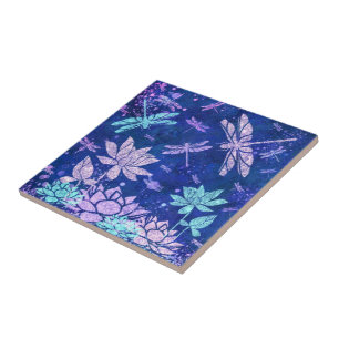 Paarse Blauwe Glitter Flowers & Dragonflies - Scho Tegeltje