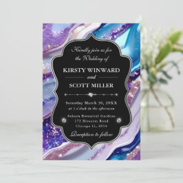 Paarse Blauwe Glitter Marmer Elegante Trouwdag Kaart