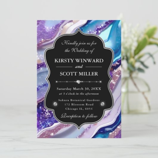 Paarse Blauwe Glitter Marmer Elegante Trouwdag Kaart (Staand voorkant)