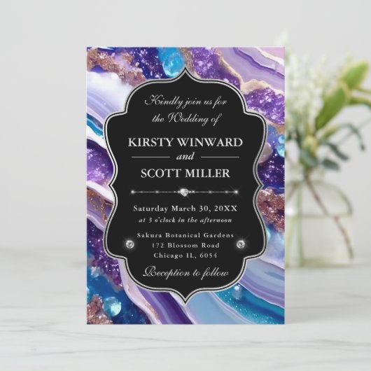 Paarse Blauwe Glitter Marmer Elegante Trouwdag Kaart (Staand voorkant)