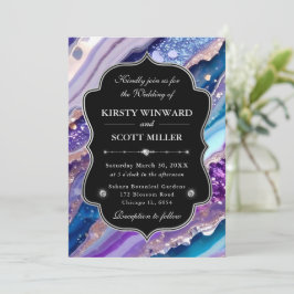 Paarse Blauwe Glitter Marmer Elegante Trouwdag Kaart