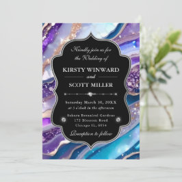 Paarse Blauwe Glitter Marmer Elegante Trouwdag Kaart