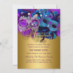 Paarse Blauwe & Gouden Maskers Masquerade Feest Ui Kaart