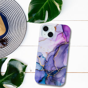 Paarse Blauwe Gouden Waterverf Marmer Alcohol Ink iPhone 15 Case