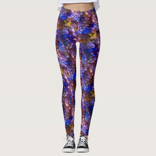 Paarse Blauwe Gouden Zeemeermin Schalen Fantasy Pa Leggings (Voorkant)