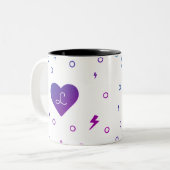 Paarse blauwe gradiënthartslag en bliksembolt beke tweekleurige koffiemok (Voorkant links)