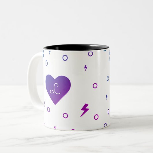 Paarse blauwe gradiënthartslag en bliksembolt beke tweekleurige koffiemok (Voorkant links)