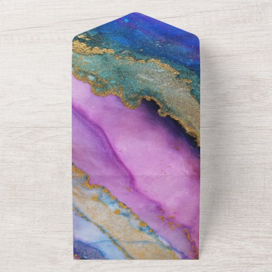 Paarse blauwe groene alcohol inkt bruiloft all in one uitnodiging (Buitenkant)