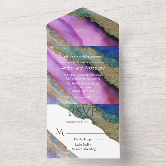 Paarse blauwe groene alcohol inkt bruiloft all in one uitnodiging (Binnen)