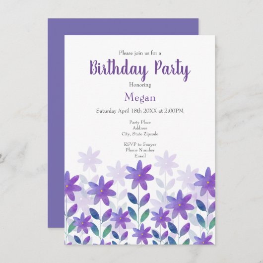 Paarse blauwe groene Waterverf Bloem Tuin Invitat Kaart (Voorkant / Achterkant)