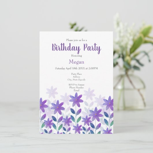 Paarse blauwe groene Waterverf Bloem Tuin Invitat Kaart (Staand voorkant)