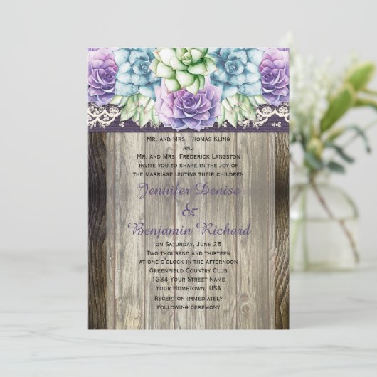 Paarse Blauwe Groene Waterverf Succulenten Bruilof Kaart (Staand voorkant)