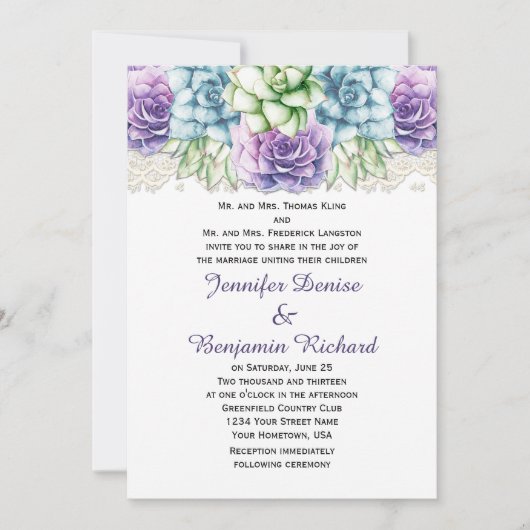 Paarse Blauwe Groene Waterverf Succulenten Invitat Kaart (Voorkant)