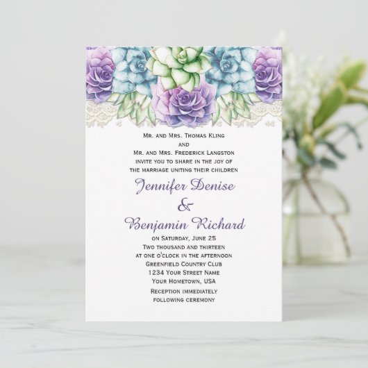 Paarse Blauwe Groene Waterverf Succulenten Invitat Kaart (Staand voorkant)