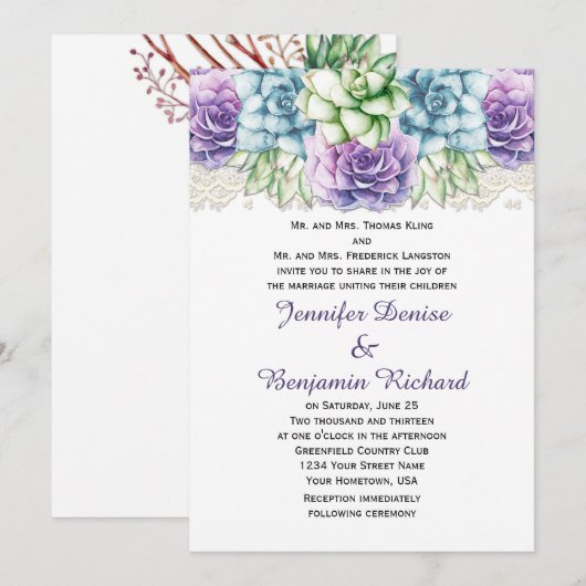 Paarse Blauwe Groene Waterverf Succulenten Invitat Kaart (Voorkant / Achterkant)