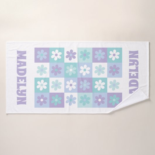 Paarse Blauwe Groovy Daisy Checkerboard Badhanddoe Badhanddoek (Badhanddoek)
