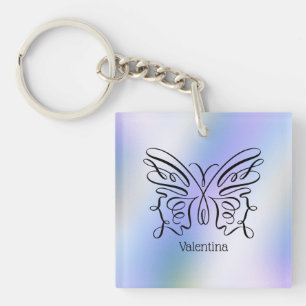 Paarse Blauwe Holografische Vlinder Monogram Naam Sleutelhanger