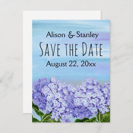 Paarse blauwe hortensia bloemenbruiloft Save the D Aankondigingskaart (Voorkant / Achterkant)