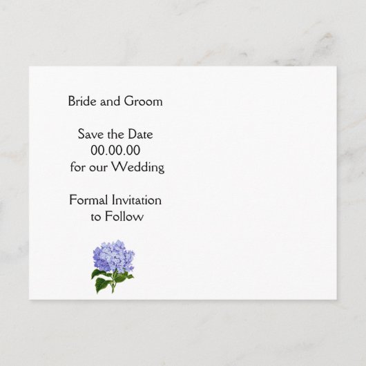 Paarse blauwe hortensia bloemenbruiloft Save the D Aankondigingskaart (Achterkant)