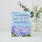 Paarse blauwe hortensia bloemenbruiloft Save the D Aankondigingskaart (Staand voorkant)