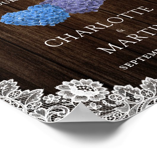 Paarse Blauwe Houten Kant Bloemen Huwelijk Welkoms Poster (Hoek)