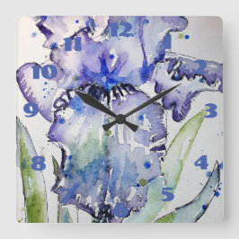 Paarse Blauwe Iris Waterverf Schilderij Bloem Kuns Vierkante Klok