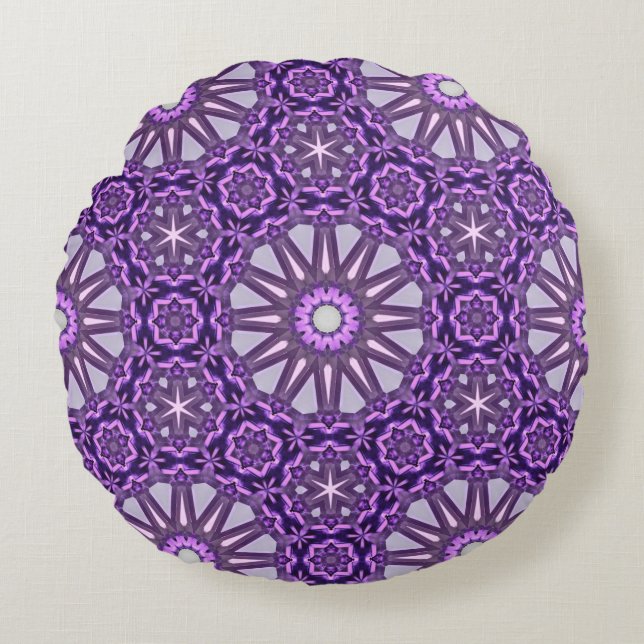 Paarse Blauwe Kaleidoscoop Pinwheel Mandala Patter Rond Kussen (Voorkant)
