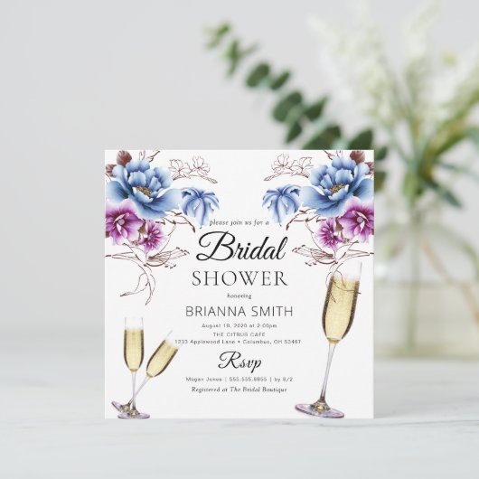 Paarse Blauwe Kassy Bridal douche Uitnodiging (Staand voorkant)